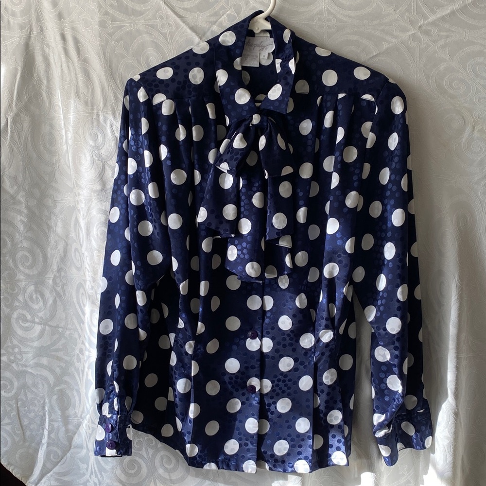 Navy Polka Dot Blouse with Bow